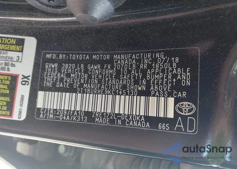 2019 Toyota Corolla L/Le/Xle/Se/Xse from USA, damaged, VIN 2T1BURHE9KC145130